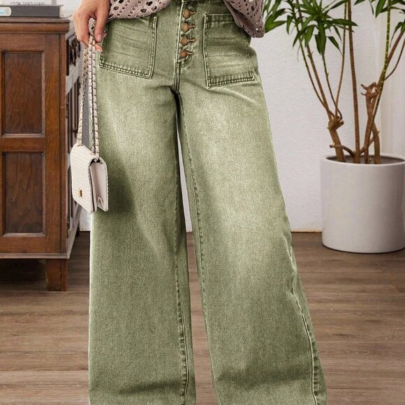 Army Green Casual Women's Wide Leg Patchwork Loose Jeans - Picture 7 of 7